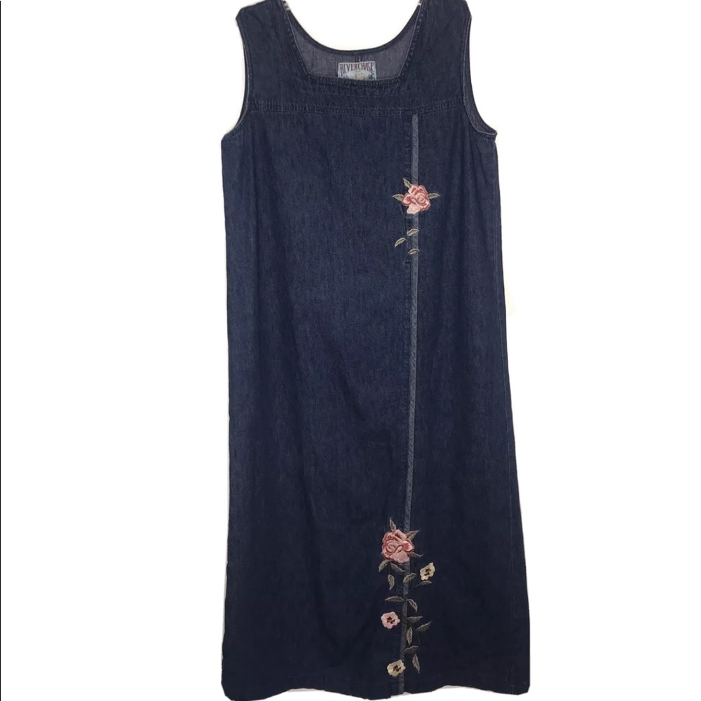 Denim floral embroidered maxi dress.